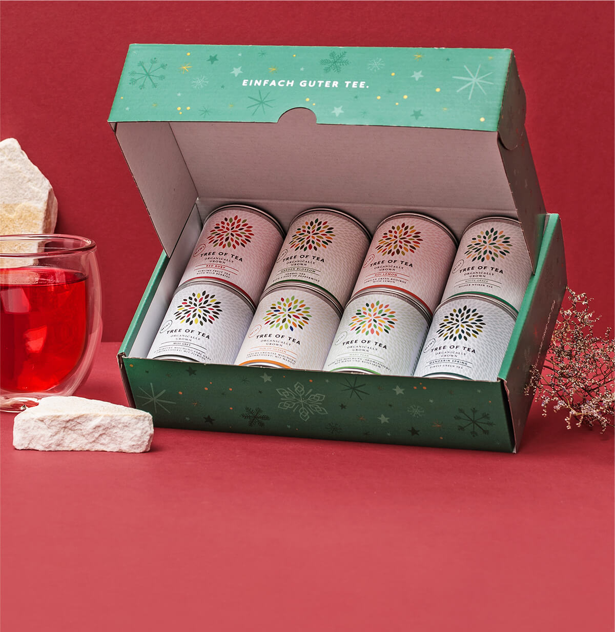 8 leckere Tee-Minis vereint im 8er Probierpaket in der weihnachtlichen Geschenkbox.